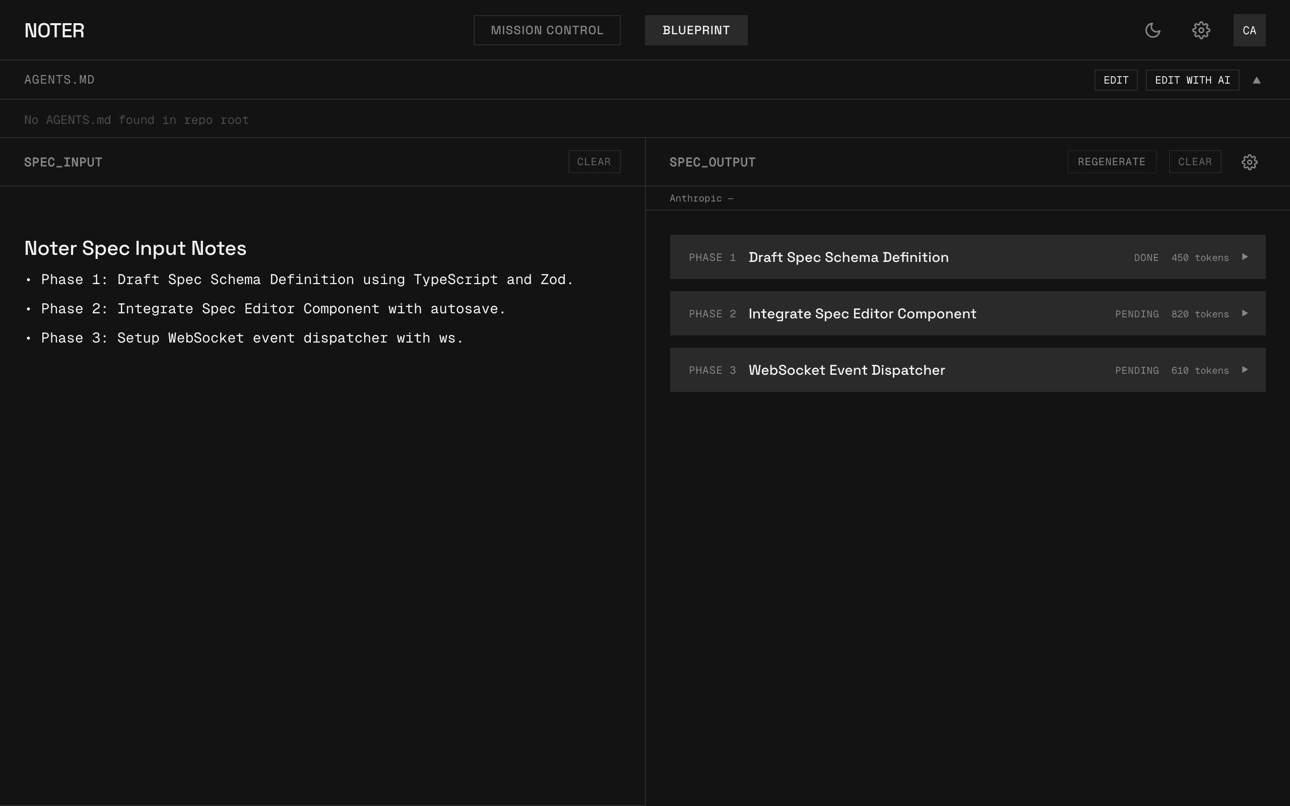 Noter Blueprint — spec input, AGENTS.md, spec output, questions